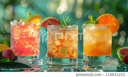 Vibrant summer cocktails in a range of glasses on a bar table, high resolution 118632222