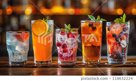 Mixed summer drinks in different glass styles on a bar table, high resolution 118632224