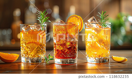 Refreshing summer beverages in assorted glasses on a bar table, high resolution 118632235