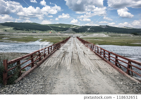 A wooden suspension bridge background. High quality photo 118632651