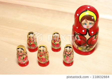 Vintage cartoon character red collectible matryoshka doll toy isolated 118632664