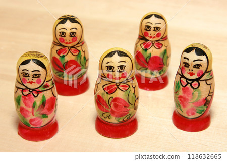 Vintage cartoon character red collectible matryoshka doll toy isolated 118632665