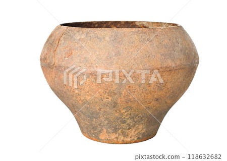 An old Russian cast-iron pot on a white background. 118632682