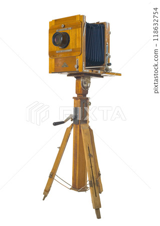 Old antique vintage black camera the 19th century isolated on white background with cliping path. Russia. 118632754