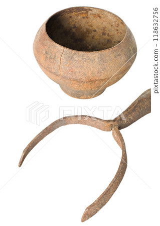 An old Russian cast-iron pot on a white background. 118632756