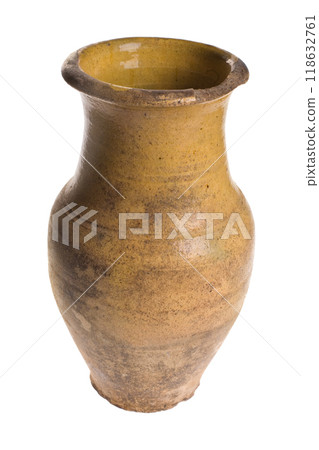 Antique clay jug, pot on a white background Antique clay jug, pot on a white background 118632761