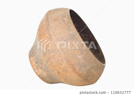 An old Russian cast-iron pot on a white background. 118632777