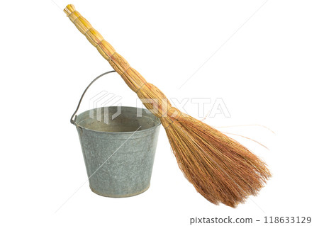 Old vintage traditional bucket, broom. 118633129
