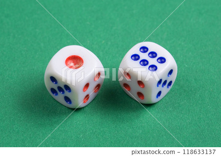 Two dice on a gaming table with space for text Two dice on a gaming table with space for text 118633137