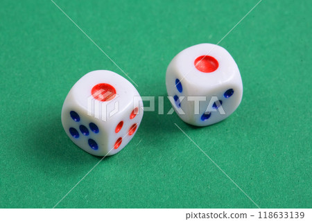 Two dice on a gaming table with space for text 118633139