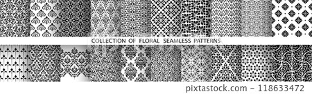 Geometric floral set of seamless patterns. White and black vector backgrounds. Damask graphic ornaments. 118633472