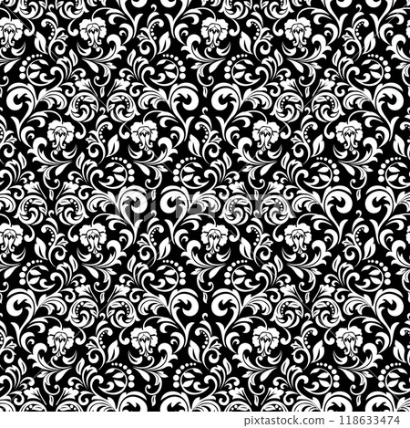 Wallpaper in the style of Baroque. Seamless vector background. White and black floral ornament. Graphic pattern for fabric, wallpaper, packaging. Ornate Damask flower ornament. 118633474