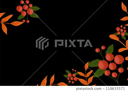Autumn leaves, on a black background. Autumn Background for the design of banners, postcards. Autumn leaves, flowers and branches. Nature, autumn season. Harvest Festival. 118633571