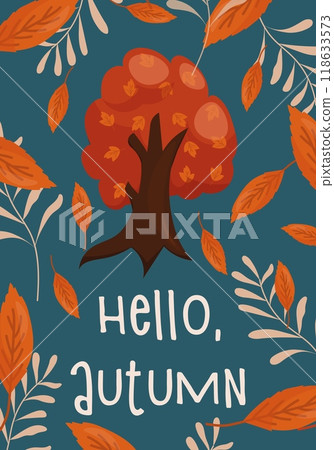 Hello autumn vector illustration. A tree with an orange crown, orange leaves on a blue background. For postcards, posters and banners 118633573
