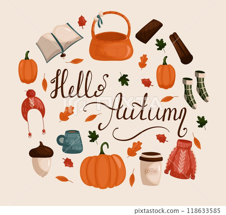 Autumn vector elements set. Leaves, pumpkins, fall clothes, umbrella, hedgehog, tea elements. The inscription hello autumn. Illustration in the hand drawn style. 118633585