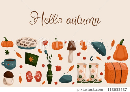 Fall vector elements set. Hello autumn illustration with pumpkins, umbrella, mushrooms, coffee and e.t.c. 118633587