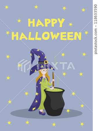 Happy Halloween illustration with a witch brewing a potion in a cauldron. Halloween for kids. Vector illustration in cartoon style Happy Halloween illustration with a witch brewing a potion in a cauldron. Halloween for kids. Vector illustration in cartoon style 118633590