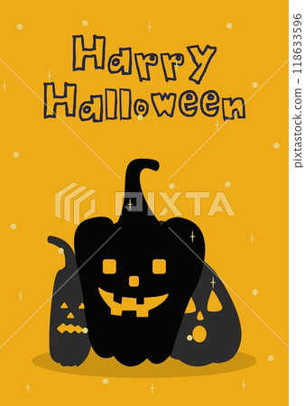 Halloween card with three black pumpkins on orange background with stars. Happy halloween postcard design. Halloween for kids. Vector illustration in flat style for posters, banners, postcards. Halloween card with three black pumpkins on orange background with stars. Happy halloween postcard design. Halloween for kids. Vector illustration in flat style for posters, banners, postcards. 118633596