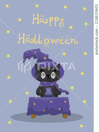 Happy Halloween card. A cat sits in front of a magic ball at a table with a purple tablecloth with stars. Postcard on a blue background with yellow stars. For card, postcards, banner, poster. Happy Halloween card. A cat sits in front of a magic ball at a table with a purple tablecloth with stars. Postcard on a blue background with yellow stars. For card, postcards, banner, poster. 118633603