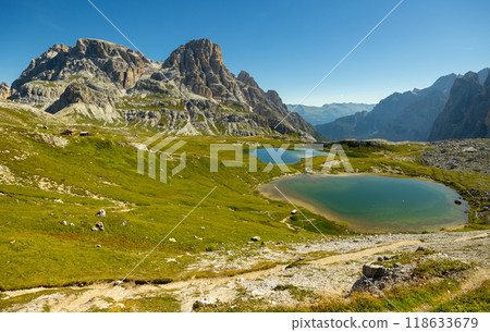 Small alpine lakes Laghi dei Piani in Italian Dolomite mountains Small alpine lakes Laghi dei Piani in Italian Dolomite mountains 118633679