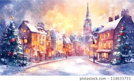 Winter townscape painted in watercolor 118633755