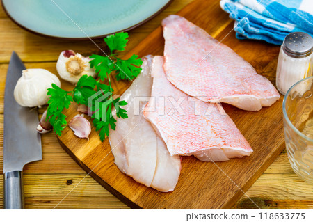 Fresh raw fillet of sea bass 118633775
