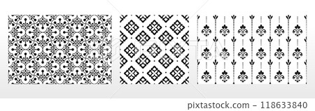 Geometric floral set of seamless patterns. White and black vector backgrounds. Damask graphic ornaments. 118633840