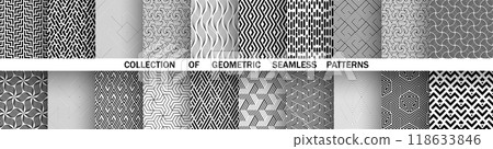 Geometric set of seamless black and white patterns. Simple vector graphics. Geometric set of seamless black and white patterns. Simple vector graphics. 118633846