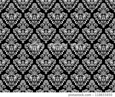 Floral pattern. Vintage wallpaper in the Baroque style. Seamless vector background. White and black ornament for fabric, wallpaper, packaging. Ornate Damask flower ornament. 118633850