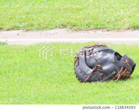 Gloves placed on the grass 118634565