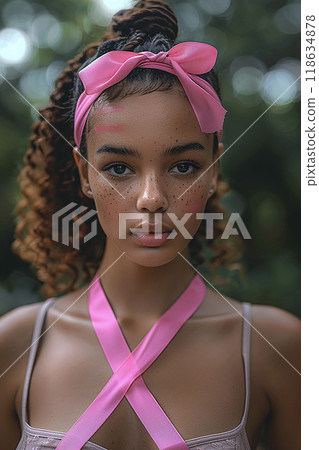 Woman with pink ribbon, high resolution, Breast Cancer Awareness month, white blurred background 118634878