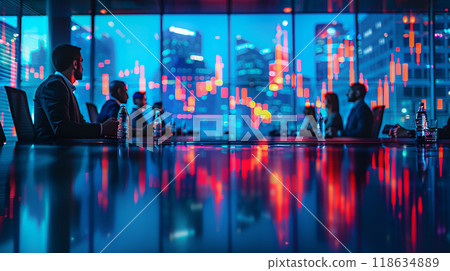 Corporate meeting with executives reviewing benchmarking data, stock graph background blurred, high resolution Corporate meeting with executives reviewing benchmarking data, stock graph background blurred, high resolution 118634889