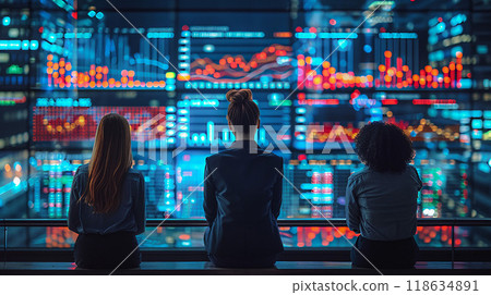 Team of analysts presenting benchmarking data, abstract stock graph backdrop in high resolution Team of analysts presenting benchmarking data, abstract stock graph backdrop in high resolution 118634891