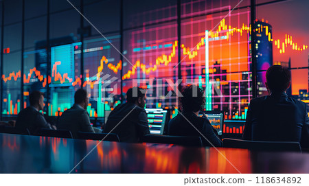 Team of analysts presenting benchmarking data, abstract stock graph backdrop in high resolution Team of analysts presenting benchmarking data, abstract stock graph backdrop in high resolution 118634892