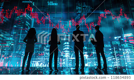 Team of analysts presenting benchmarking data, abstract stock graph backdrop in high resolution Team of analysts presenting benchmarking data, abstract stock graph backdrop in high resolution 118634893