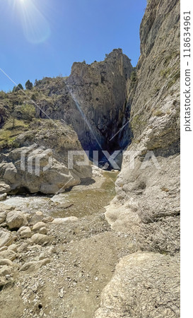 Harmankaya Canyon, Bilecik, Turkey. Harmankaya Canyon is located in Harmankaya Nature Park. Magnificent natural scenery, hills and rocks in which the canyon is located. Harmankaya Canyon, Bilecik, Turkey. Harmankaya Canyon is located in Harmankaya Nature Park. Magnificent natural scenery, hills and rocks in which the canyon is located. 118634961