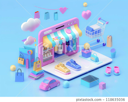 Digital app and online retail business multichannel marketing, 3D isometric rendering, 118635036