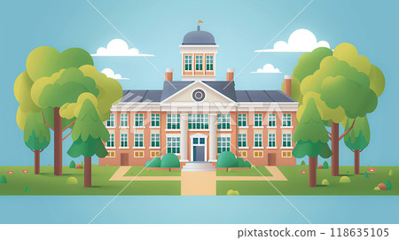 Graduation themed vector art featuring a school building and campus environment, highlighting institutions, Graduation themed vector art featuring a school building and campus environment, highlighting institutions, 118635105