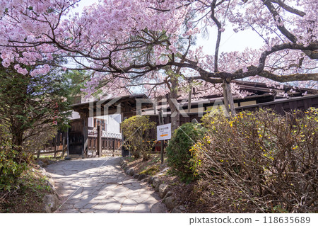 The entrance to Eshima Enclosed House in spring in Takato, Ina City, Nagano Prefecture 118635689