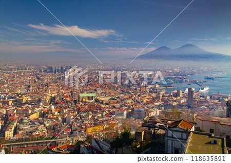 Naples, Campania, Italy - View of the city and Mount Vesuvius from Sant'Elmo Castle in the historic center of Naples, a World Heritage Site Naples, Campania, Italy - View of the city and Mount Vesuvius from Sant'Elmo Castle in the historic center of Naples, a World Heritage Site 118635891