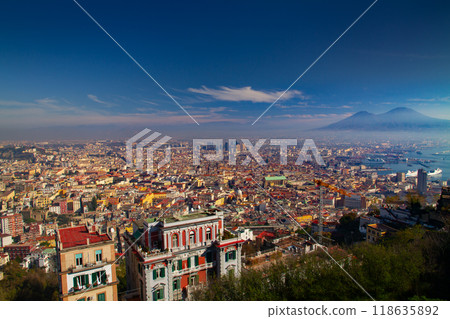 Naples, Campania, Italy - View of the city and Mount Vesuvius from Sant'Elmo Castle in the historic center of Naples, a World Heritage Site 118635892