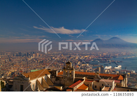 Naples, Campania, Italy - View of the city and Mount Vesuvius from Sant'Elmo Castle in the historic center of Naples, a World Heritage Site Naples, Campania, Italy - View of the city and Mount Vesuvius from Sant'Elmo Castle in the historic center of Naples, a World Heritage Site 118635893