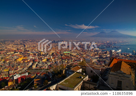 Naples, Campania, Italy - View of the city and Mount Vesuvius from Sant'Elmo Castle in the historic center of Naples, a World Heritage Site Naples, Campania, Italy - View of the city and Mount Vesuvius from Sant'Elmo Castle in the historic center of Naples, a World Heritage Site 118635896