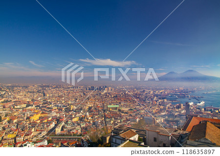 Naples, Campania, Italy - View of the city and Mount Vesuvius from Sant'Elmo Castle in the historic center of Naples, a World Heritage Site 118635897