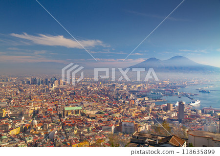 Naples, Campania, Italy - View of the city and Mount Vesuvius from Sant'Elmo Castle in the historic center of Naples, a World Heritage Site 118635899