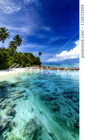 Paradise Beach: A paradise of emerald green water and palm trees 118635989