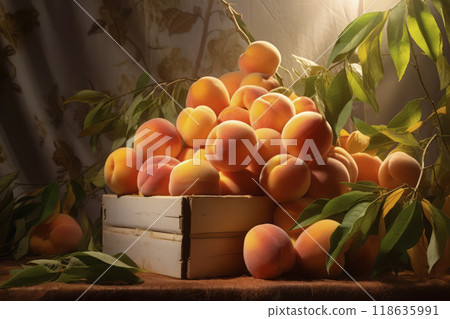 Peaches in boxes. Generative AI 118635991