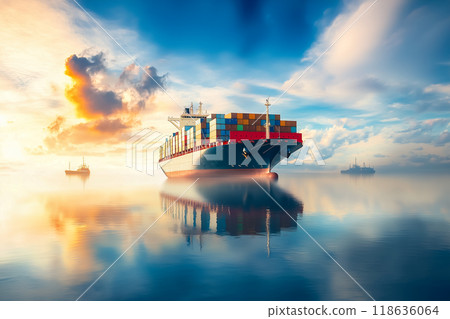 一艘雄偉的貨船漂浮在平靜的海面上 118636064