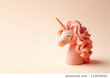 Peach skinned unicorn with curly pink hair and twisted horn, plain light background, focuses on magical creature, perfect for fantasy themes, illustrations, and whimsical artwork Peach skinned unicorn with curly pink hair and twisted horn, plain light background, focuses on magical creature, perfect for fantasy themes, illustrations, and whimsical artwork 118636065