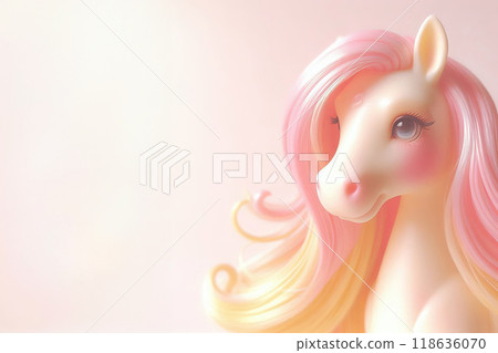 Toy horse close-up on white background, pastel bubblegum hair, sunset sunrise tones in creamy pink and yellow, soft color dodge effect, ideal for cute, colorful, and playful visuals. 118636070